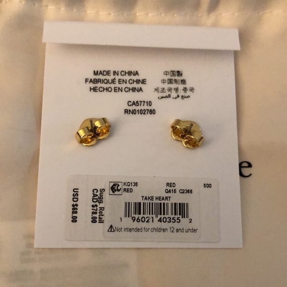 Kate Spade Gold Tone Take Heart Red Enamel & Clear CZ Heart Stud Earrings NWT - Picture 13 of 14